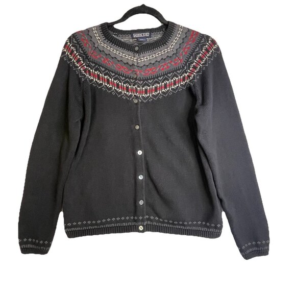 Lands End Women’s Cardigan Size M ( 8-10) Black W/Red White Gray Fair Isle - Picture 1 of 11